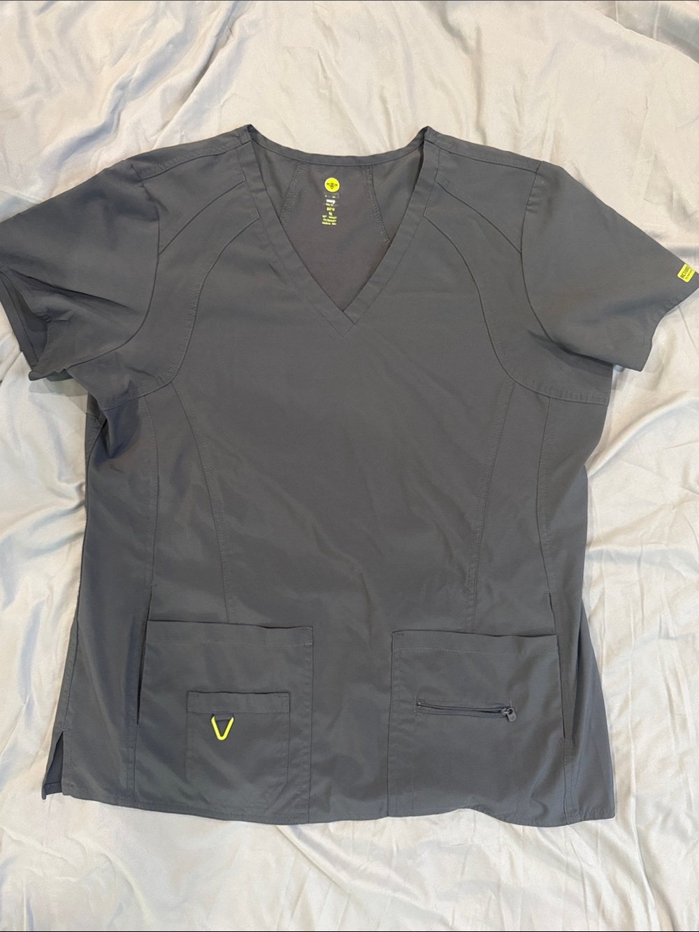 Med Couture Women's V-Neck Scrub Top in Charcoal with Neon Yellow Accents